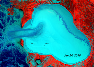 Satellite data shows how ice at the Vavilov Ice Cap flowed in a stream-like pattern toward the ocean on June 24, 2018.