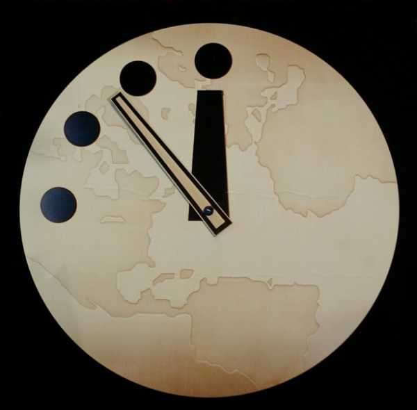 The Bulletin of Atomic Scientist&apos;s "Doomsday Clock" reads seven minutes to midnight after being adjusted two minutes closer 27 February, 2002