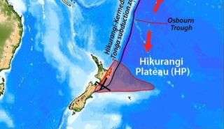The undersea Hikurangi Plateau (outlined) has a greater area than the entire New Zealand mainland.
