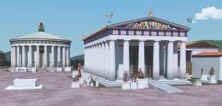 A digital rendering of the fourth-century B.C. Temple of Asklepios at Epidaurus (right). Notice the ramp on the temple's east side.