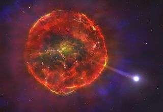 Illustration of a white dwarf blasting out of a supernova