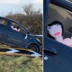 A car abandoned at the scene of an accident, with an unusual driver in the front seat