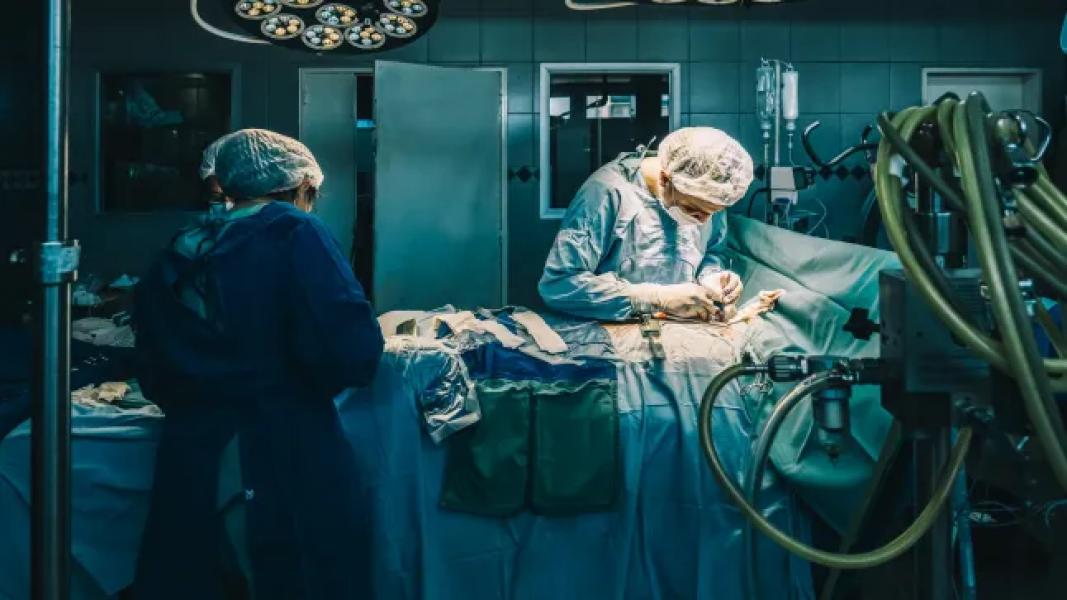 A general plan of an operating room shows a man and a woman, cardiovascular surgeons, performing an operation.