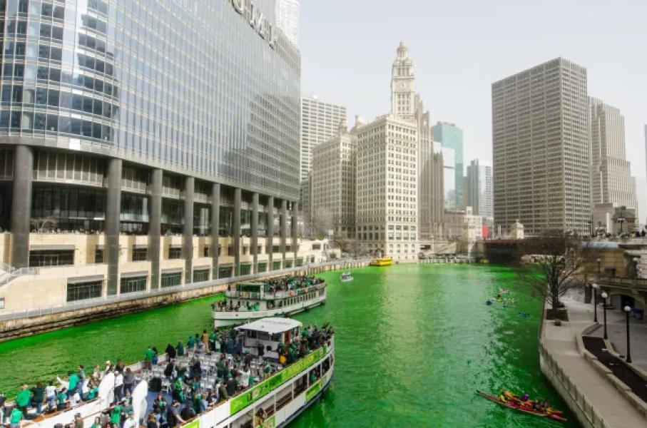 CHICAGO, ILLINOIS, USA - MARCH 15: A view of the Chicago River as it turns green in honor of the annual St. Patrick's Day celebration in Chicago, United States on March 15, 2025. (Photo by Jacek Boczarski/Anadolu via Getty Images)