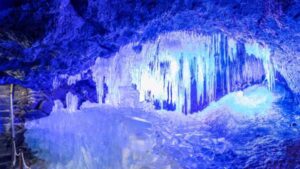 Narusawa Ice Cave: A lava tube filled with 10-foot-tall ice columns at…