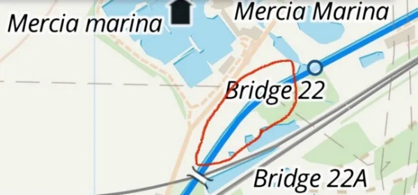 A zoomed in map showing the bridge at Mercia Marina in Willington, Derbyshire with a red circle outlining the location